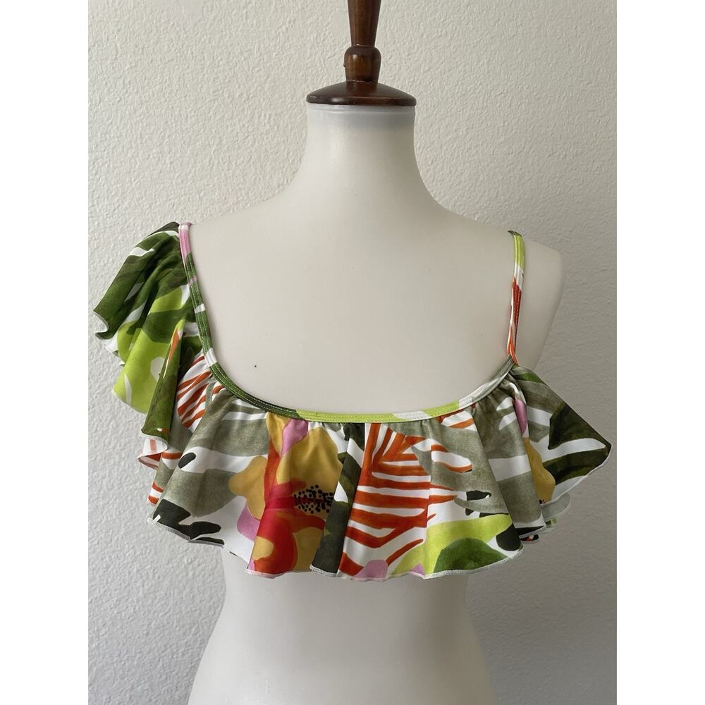 Aila Blue Swim Bikini Top Ruffled Asymmetric Beach Summer Floral Jungle